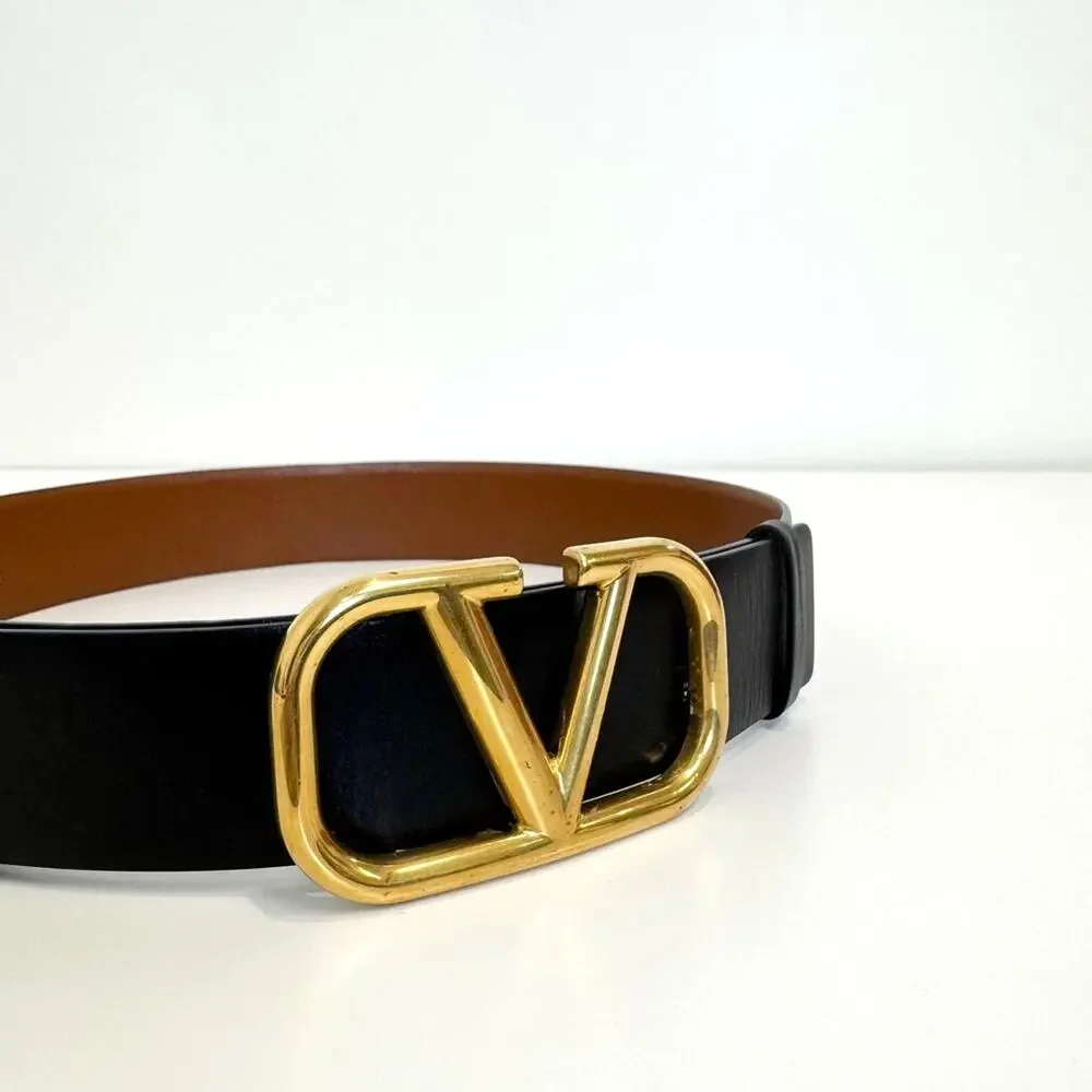 Valentino Garavani Reversible Gold VLogo Belt 90 Black/Brown Leather Buckle 36